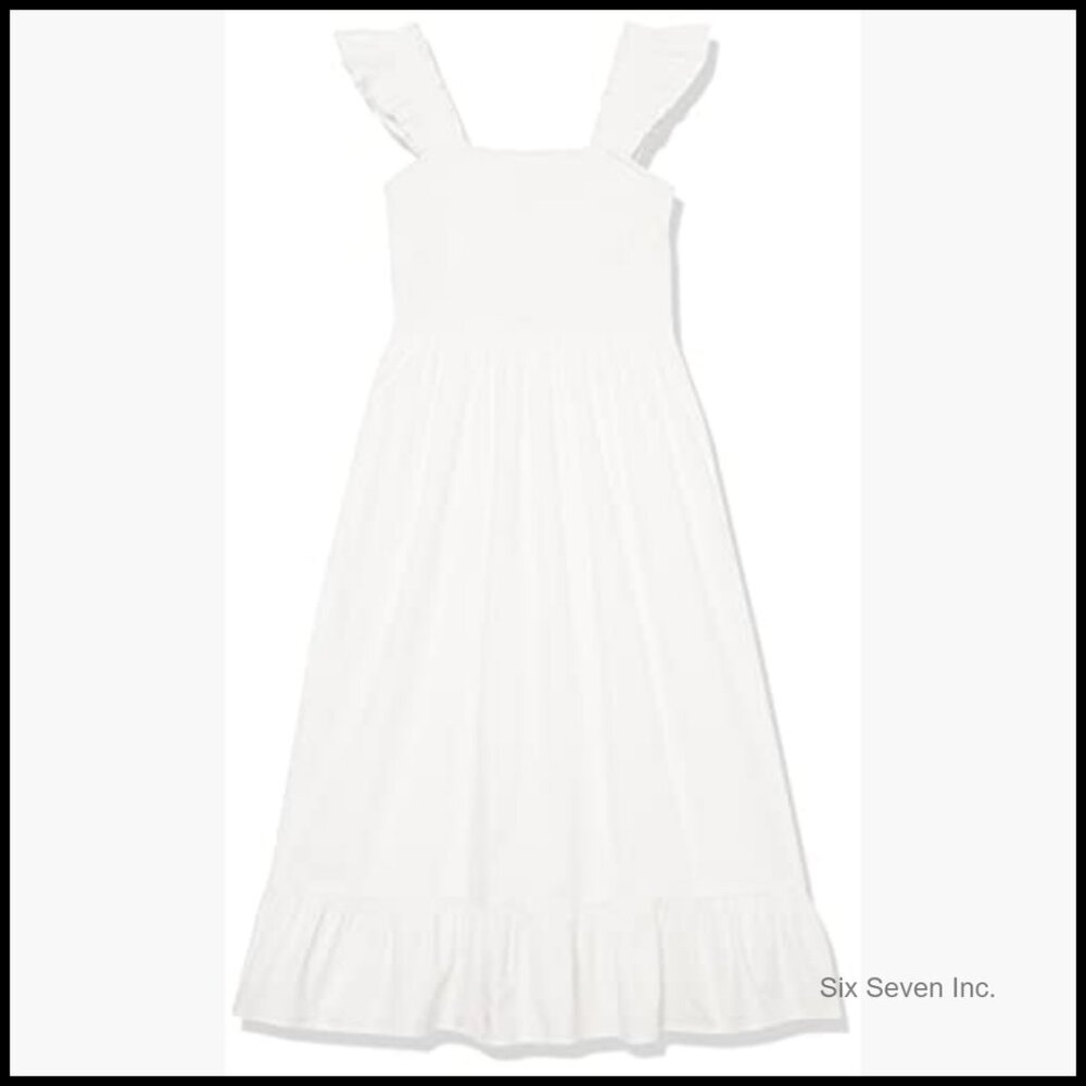 Cotton Smocked Midi Dress with Ruffled Shoulders - Picture 6 of 6
